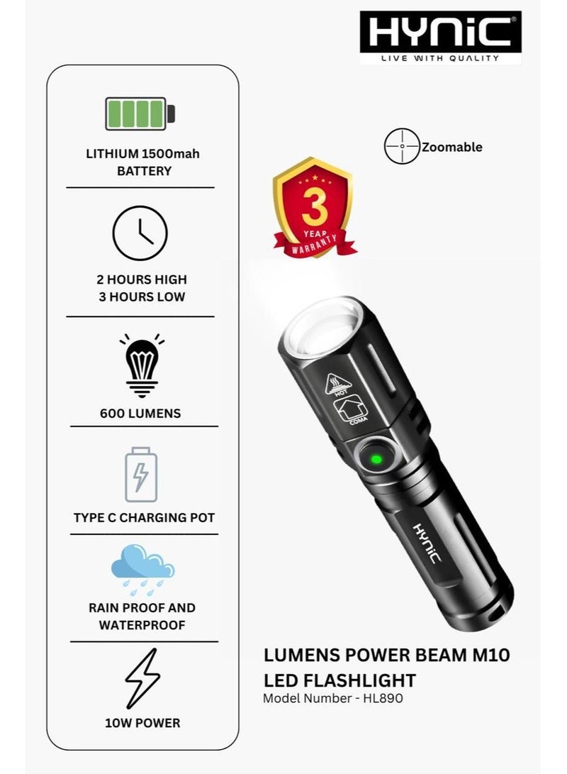 Hynic Lumens Power Beam M10 LED Flashlight – 600 Lumens Rechargeable Tactical Torch, Waterproof Aluminum Alloy Body, 3 Modes & 1500mAh Battery - Image 1